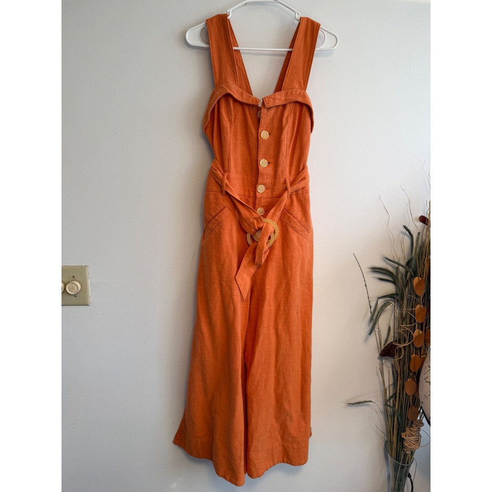 Anthropologie Orange Linen Blend Wide Leg Button Front Belted Jumpsuit Womens 2